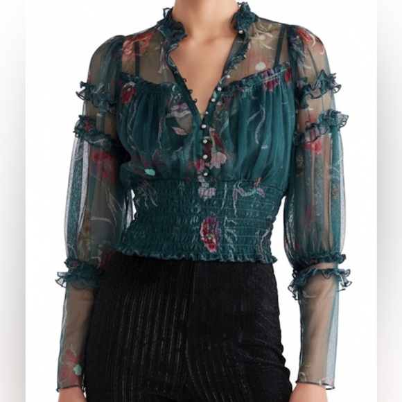 Free People Time For Shine Sheer Floral Ruffle Long Sleeve Crop Top Xs